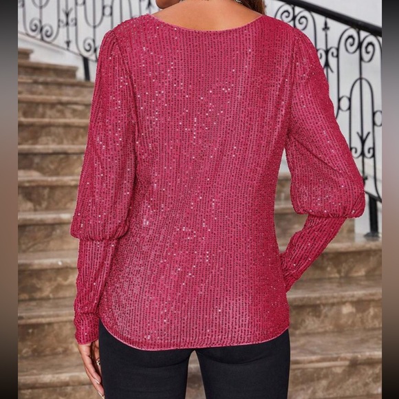 Luxe Sequin Cuff Long Sleeve Evening Party Formal Top Blouse Shirt Hot Pink - Picture 2 of 11